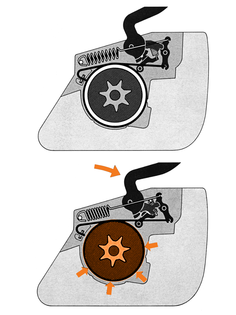 Illustration mit und ohne QuickStop, schwarz-wei&szlig; mit orangen kolorierten Details.