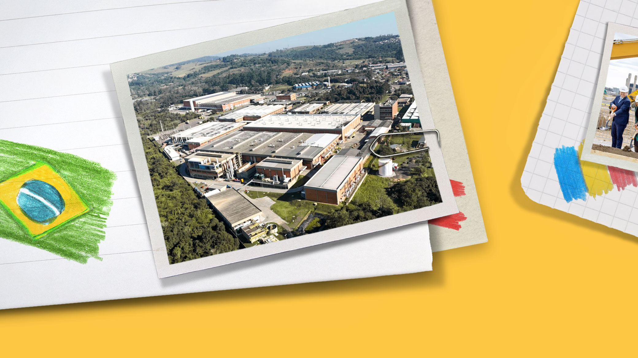 Collage aus Schmierpapier, mit Buntstiften gezeichneten Flaggen und Standortfotografien aus Brasilien und Rum&auml;nien.