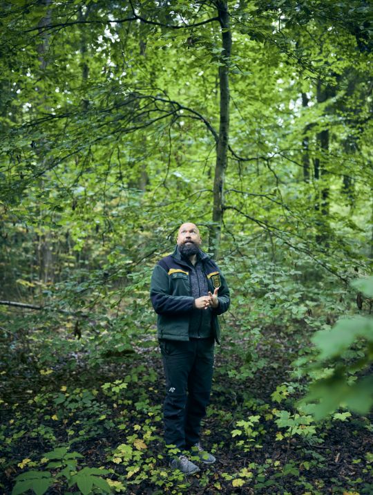 Ein Mann steht im Wald.