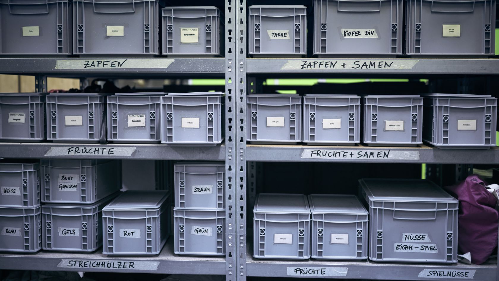 Regal mit beschrifteten Kisten.