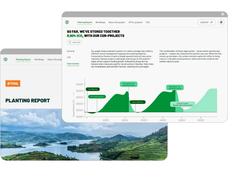 Screenshots der Website TREEO Impact Storyboard von STIHL.