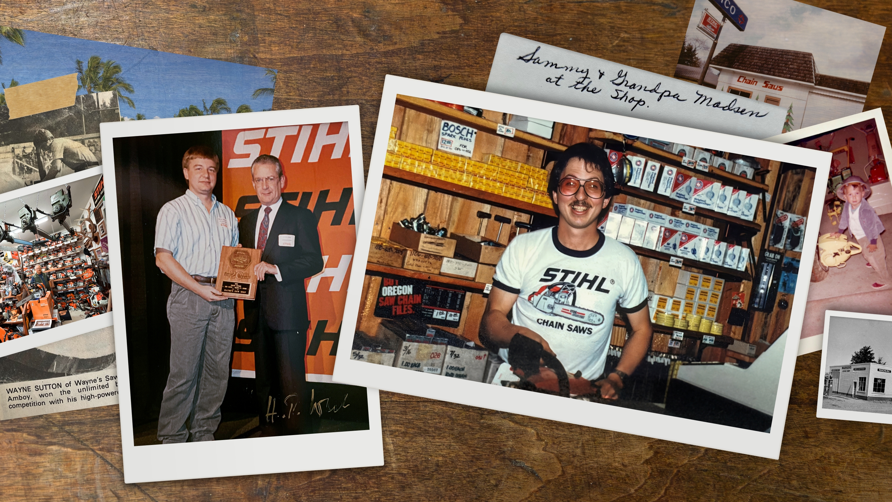 Eine Fotocollage mit Wayne Sutton, Hans Peter Stihl und Sam Madsen.