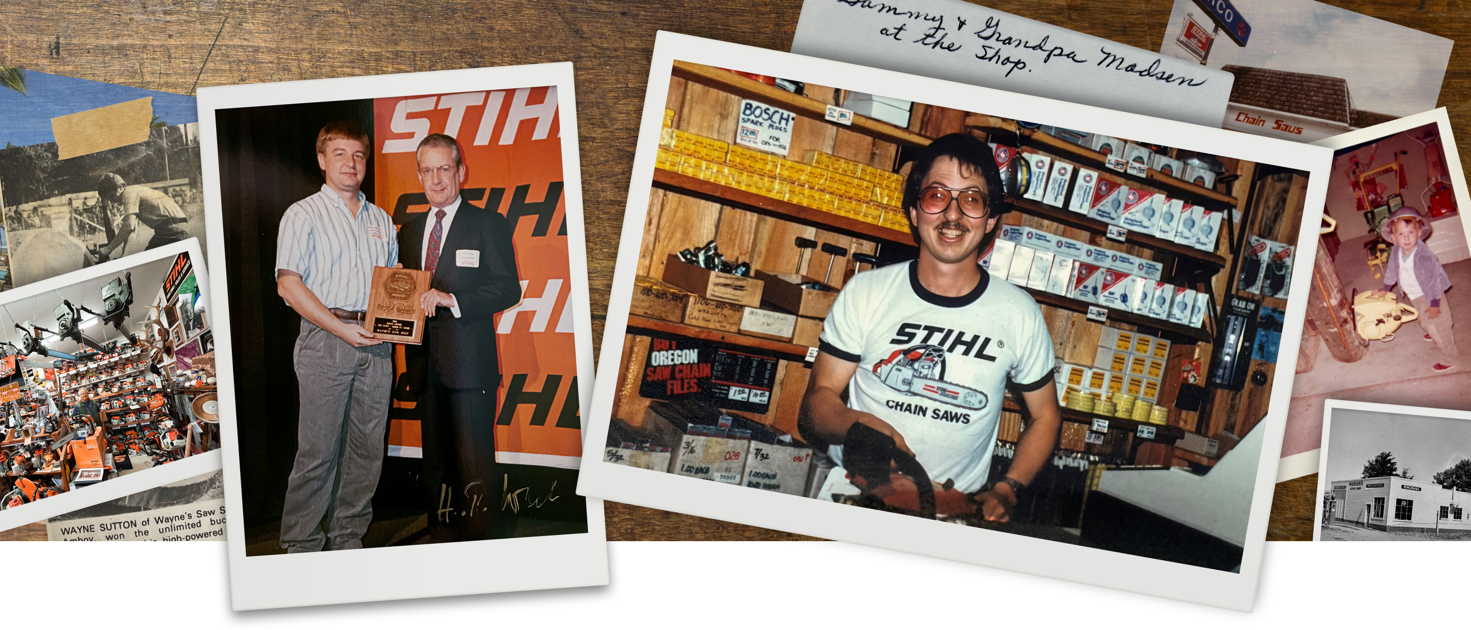 Eine Fotocollage mit Wayne Sutton, Hans Peter Stihl und Sam Madsen.