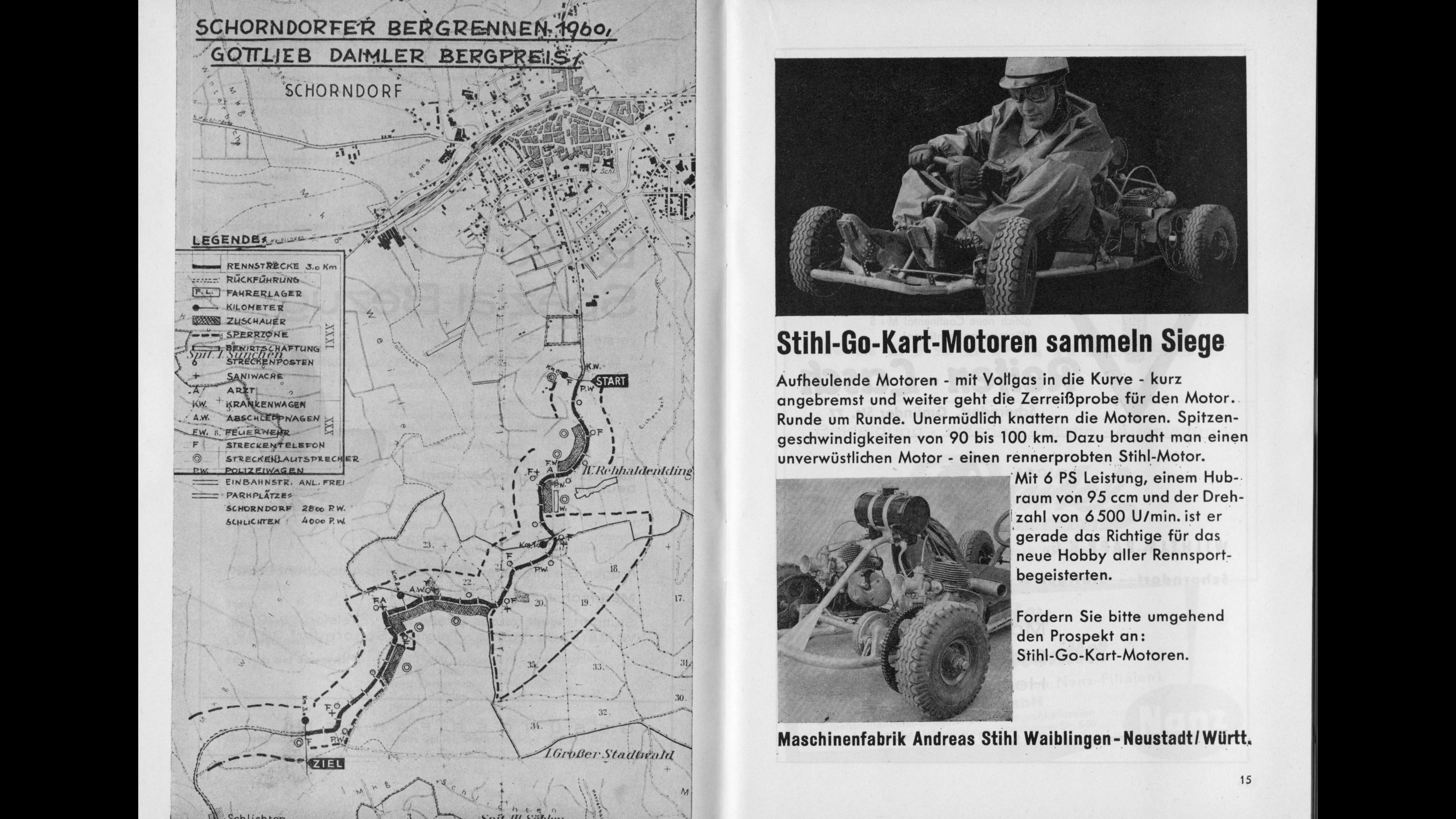 Karte der Route des Schorndorfer Bergrennens 1960 und Werbung f&uuml;r STIHL Gokart-Motoren in einem Magazin mit Schwarz-Wei&szlig;-Fotos.