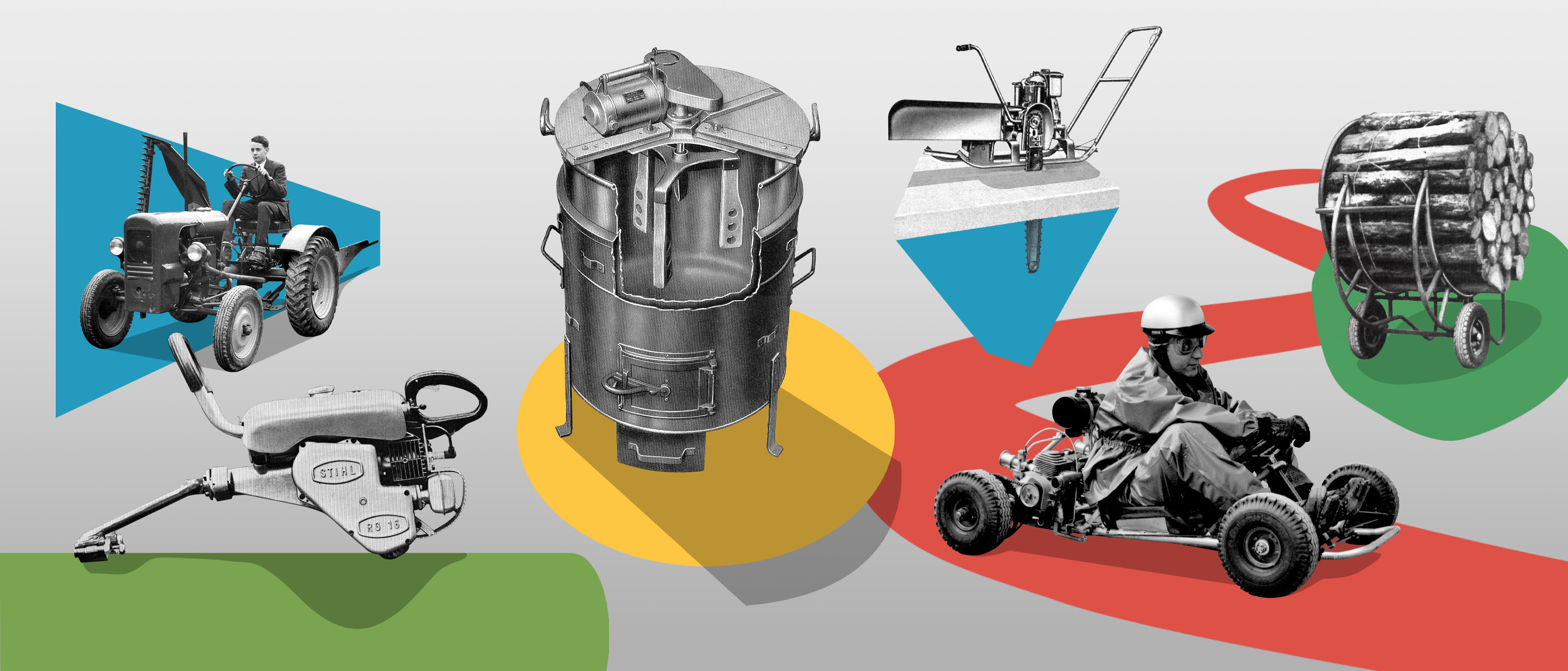 Collage aus bunt hinterlegten Schwarz-Wei&szlig;-Fotos von Ger&auml;ten, die STIHL einst hergestellt hat: R&uuml;ckewagen, Eiss&auml;ge, Entrinder, Gokart, Schlepper, Waschmaschine.