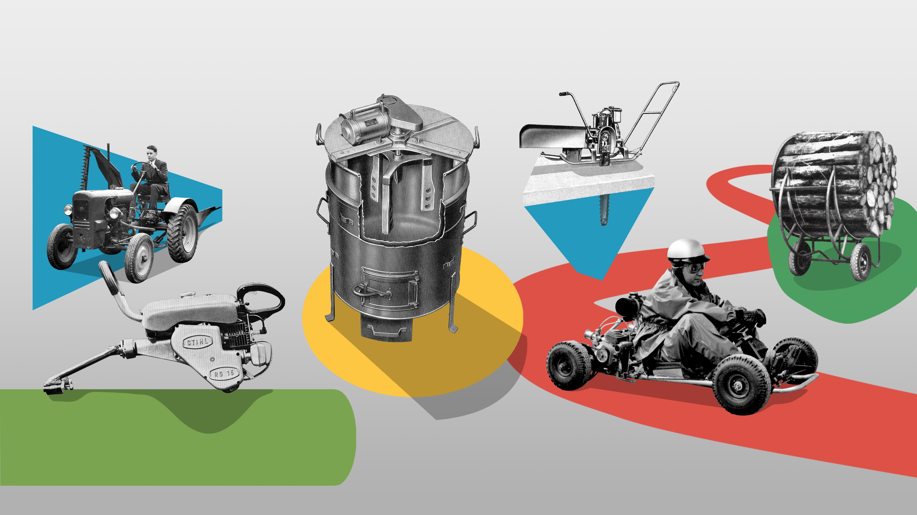 Collage aus bunt hinterlegten Schwarz-Wei&szlig;-Fotos von Ger&auml;ten, die STIHL einst hergestellt hat: R&uuml;ckewagen, Eiss&auml;ge, Entrinder, Gokart, Schlepper, Waschmaschine.