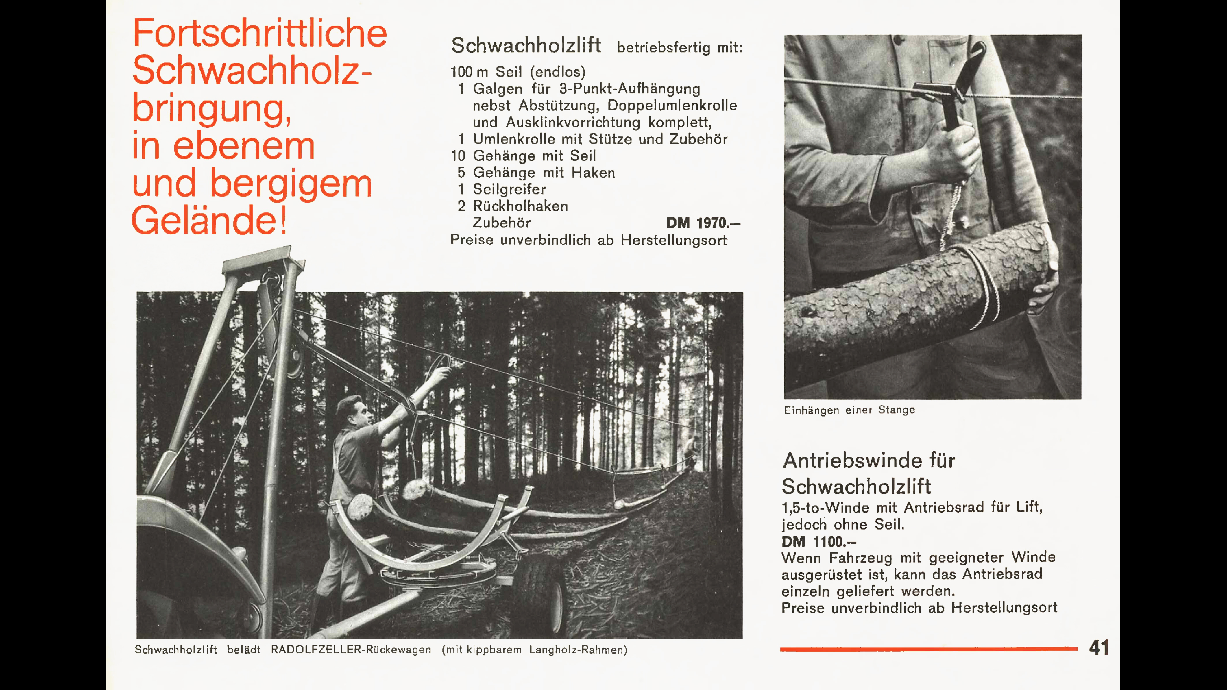 Katalogseite 1967 mit Erl&auml;uterungen zur Funktion eines Schwachholzlifts; Schwarz-Wei&szlig;-Fotos.