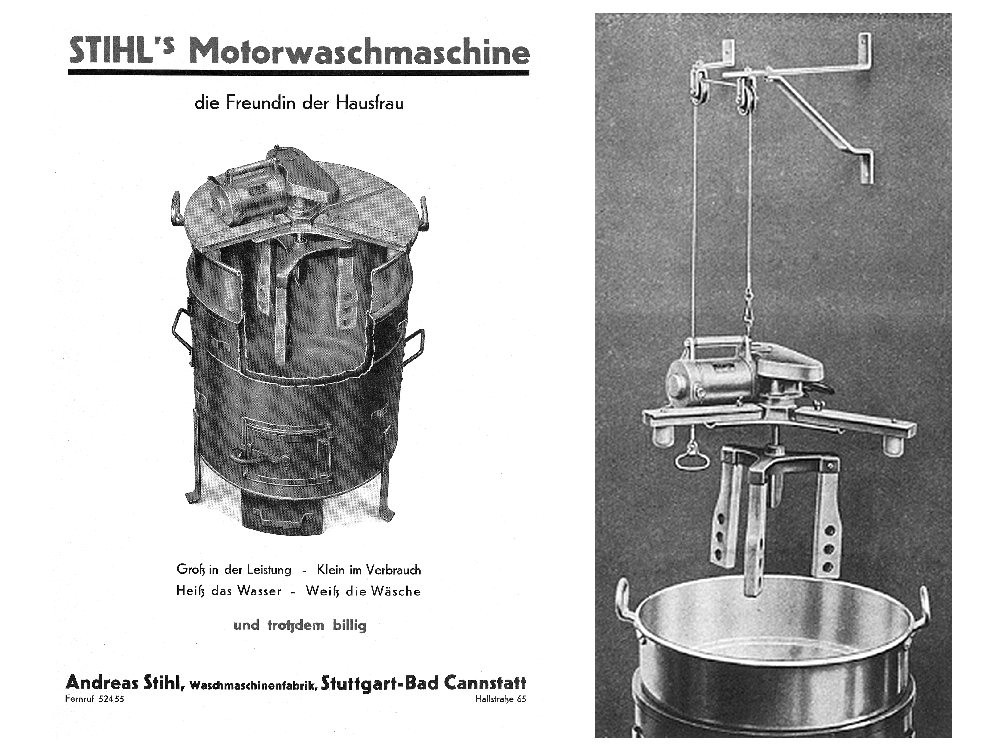 Werbung f&uuml;r die STIHL Waschmaschine; Schwarz-Wei&szlig;-Foto. R&uuml;hrmechanismus der STIHL Waschmaschine; Schwarz-Wei&szlig;-Foto.