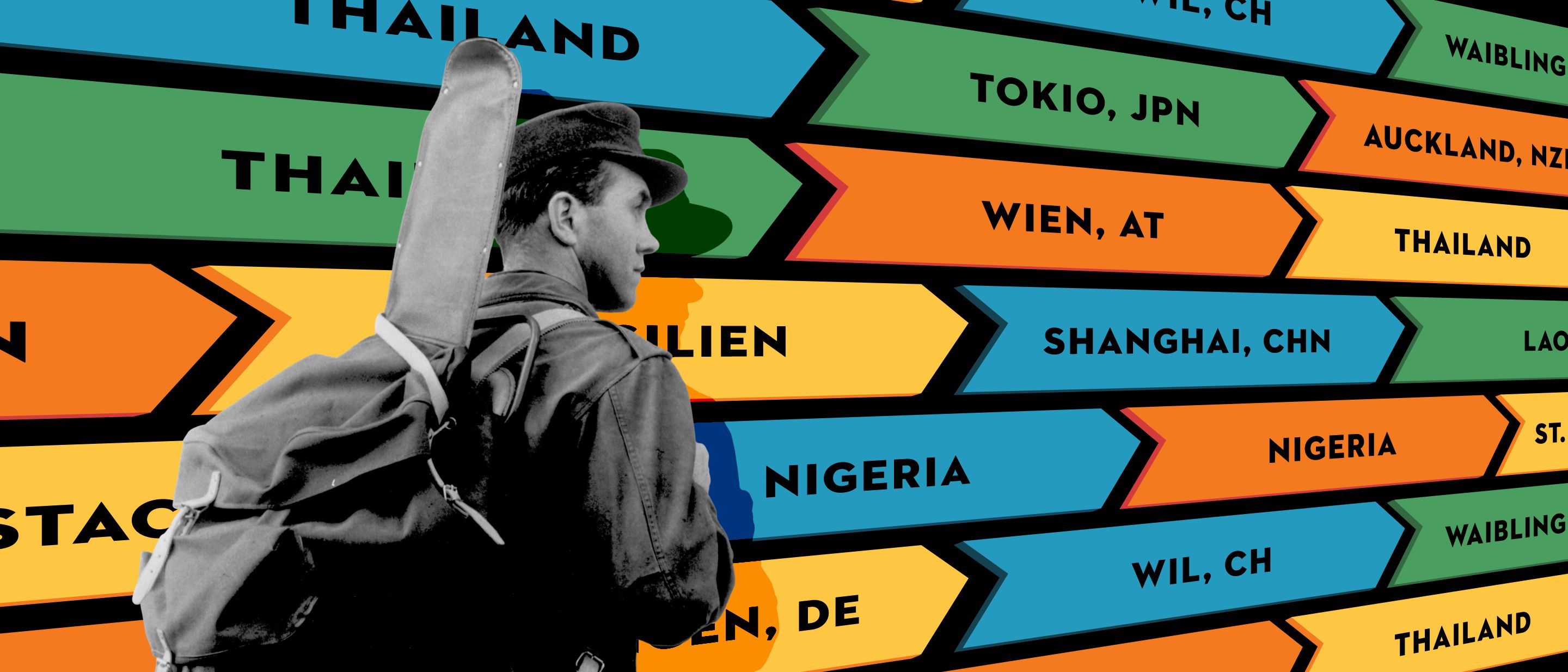 Collage: Julius W&ouml;rz mit einem f&uuml;r Motors&auml;gen ma&szlig;geschneiderten Rucksack vor Wegweisern.