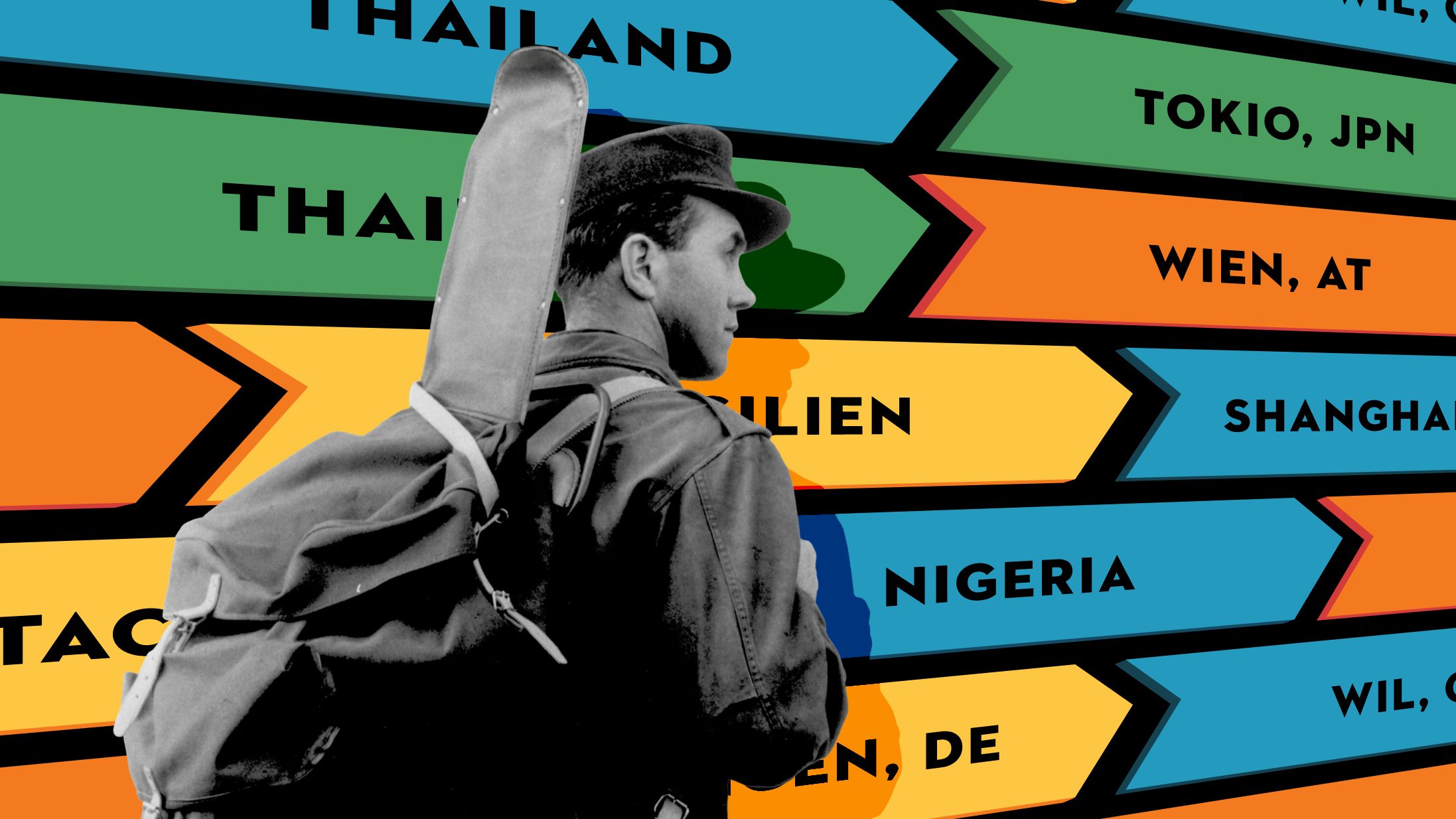 Collage: Julius W&ouml;rz mit einem f&uuml;r Motors&auml;gen ma&szlig;geschneiderten Rucksack vor Wegweisern.