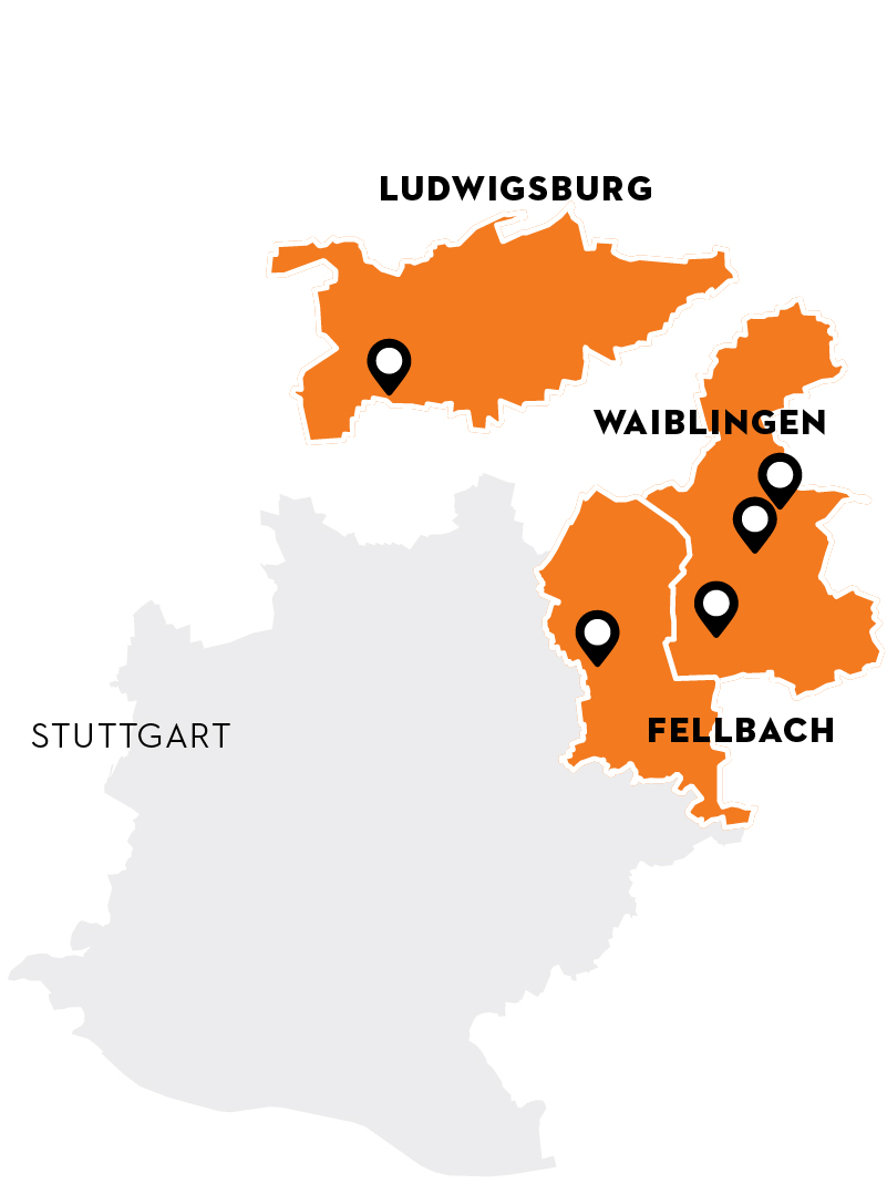 Stilisierter Kartenausschnitt des Gro&szlig;raums Stuttgart, Fokus Fellbach, Ludwigsburg und Waiblingen.